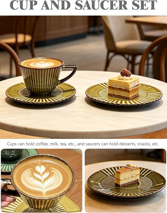 Ceramic Coffee Cup and Saucer Set, 6.7 oz Espresso Cup Set with Plate, Olive Gold Ceramic Tea Cup for Latte, Cappuccino, Coffee Bar and Kitchen Décor