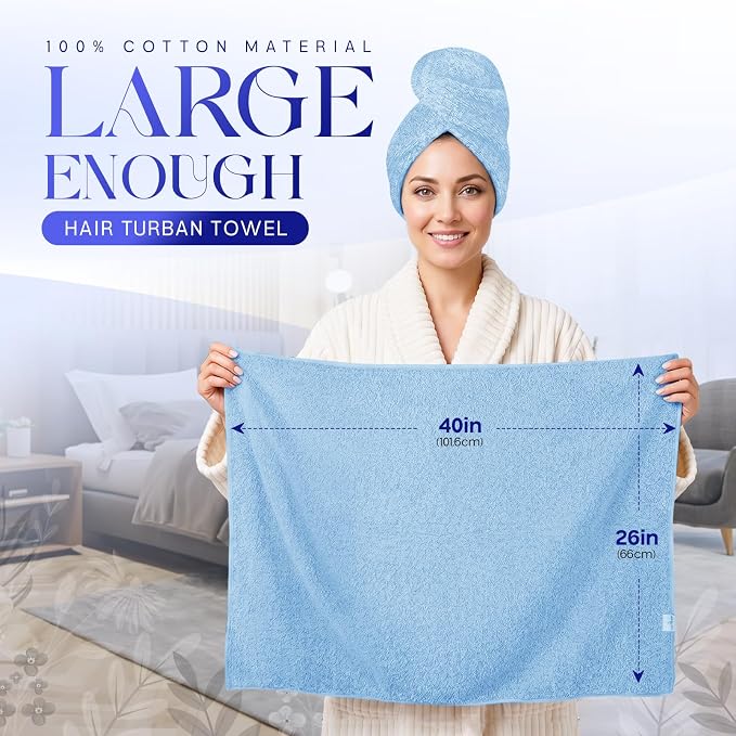 Lili&James Cotton Hair Towel Wrap for Women/Kids | Quick Dry, Soft & Absorbent Hair Wrap Towels with Double Button (Pack of 1, Blue Large)