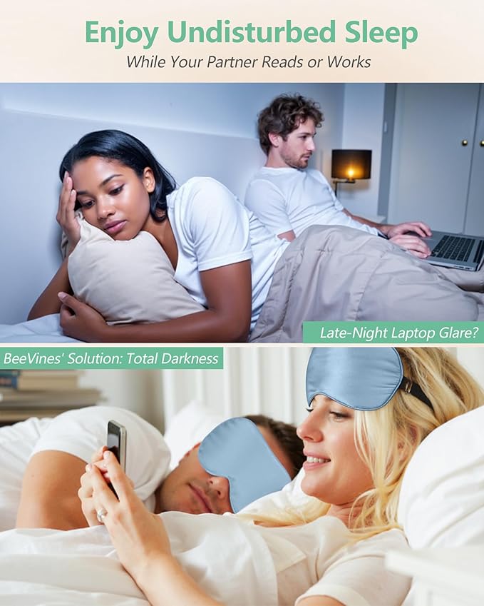 BeeVines Sleep Mask, 4 Packs 100% Real Natural Pure Silk Eye Masks with Adjustable Strap for Sleeping, Mulberry Silk Eye Sleep Shade Cover, Block Light Reduces Puffy Eyes Traveling Gifts(Light Blue)