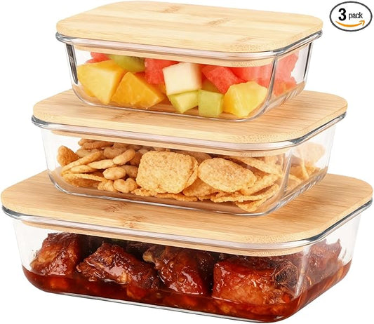 3 Pcs Glass Containers with Silicone-Sealed Wood Lids, 12.5 oz - 35.2 oz Stackable Meal Prep Food Storage Containers Set, Reusable Lunchbox for Picnics, Lunches
