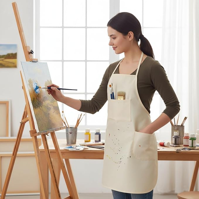 Painting Apron for Adults, Art Aprons with 3 Pockets Cotton Canvas Bib for Apron Painting Pottery Baking, Natural