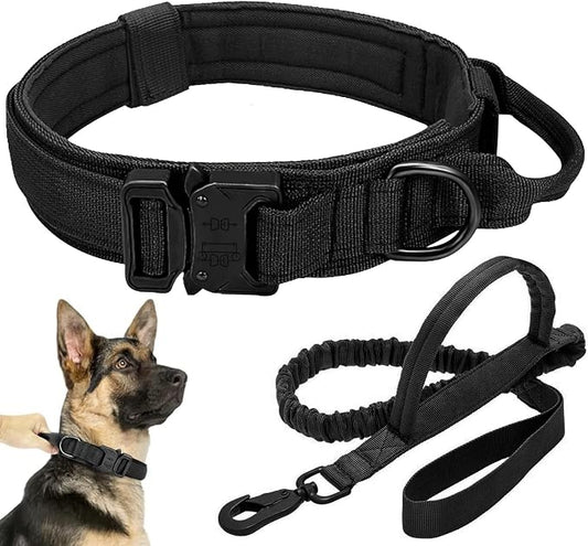 Tactical Dog Collar Leash Set, Adjustable Military Training Nylon Collar Dog Training with Control Handleand Metal Buckle, Dog Collar for Medium Large Dogs (Black,XL)
