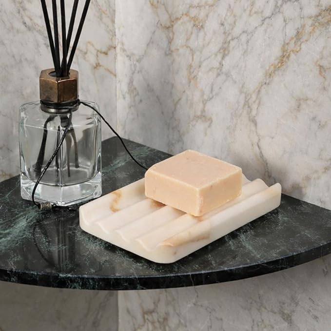 Koville 2PCS Natural Marble Soap Dishes for Shower, Golden Calacatta Marble Soap Dish, Stone Soap Tray for Bathroom, Bar Soap Holder for Sink, Stripe Grooves Saver Keep Bars Dry Easy Clean