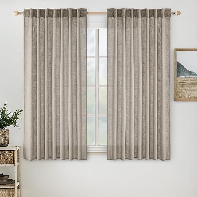 MIULEE Burlywood Birch Linen Curtains 63 Inch Length 2 Panels for Bedroom Living Room, Soft Linen Textured Window Drapes Semi Sheer Light Filtering Back Tab Rod Pocket Farmhouse Burlap Look Decor