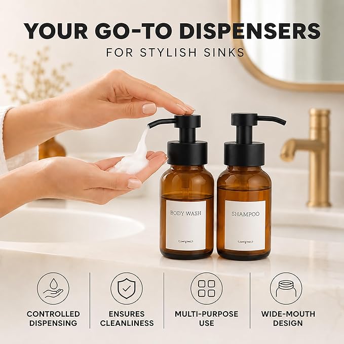 2Pcs Amber Glass Foaming Soap Dispenser - 8.5 oz Amber Glass Soap Dispenser with Pump, Compatible with Hand Soap, Dish Soap, Shampoo and Gel, Durable, Stylish & Refillable for Bathroom and Kitchen