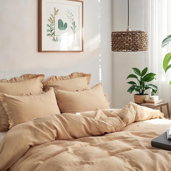 Simple&Opulence 100% Linen Duvet Cover Set, Natural French Flax Sand Ruffle Duvet Cover Twin Size, Breathable Comfy Linen Bedding Comforter Cover with 1 Pillowcase (Sand, 68" x 86")
