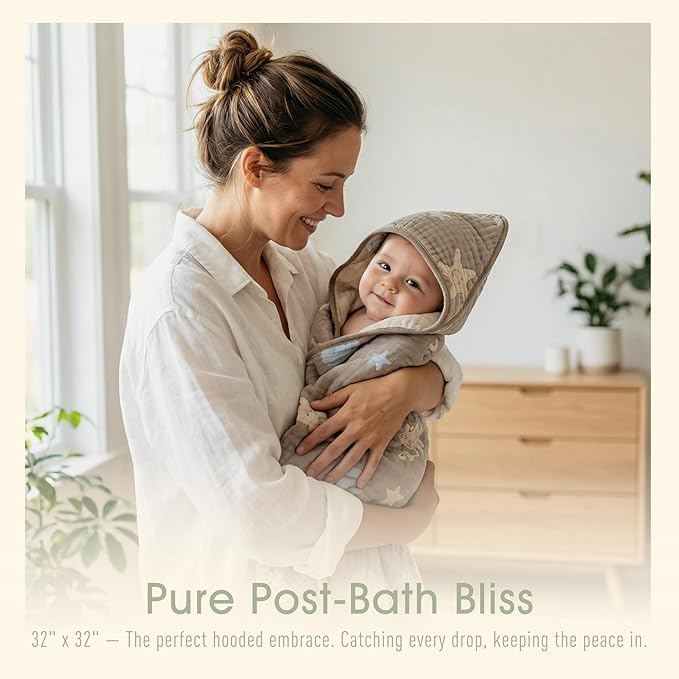 Ultra-Soft Muslin Baby Hooded Towel - 32 x 32 Inches, Ideal for Bath & Beach, Suitable for Both Boys & Girls from Newborns to Toddlers（Ocean Coffee