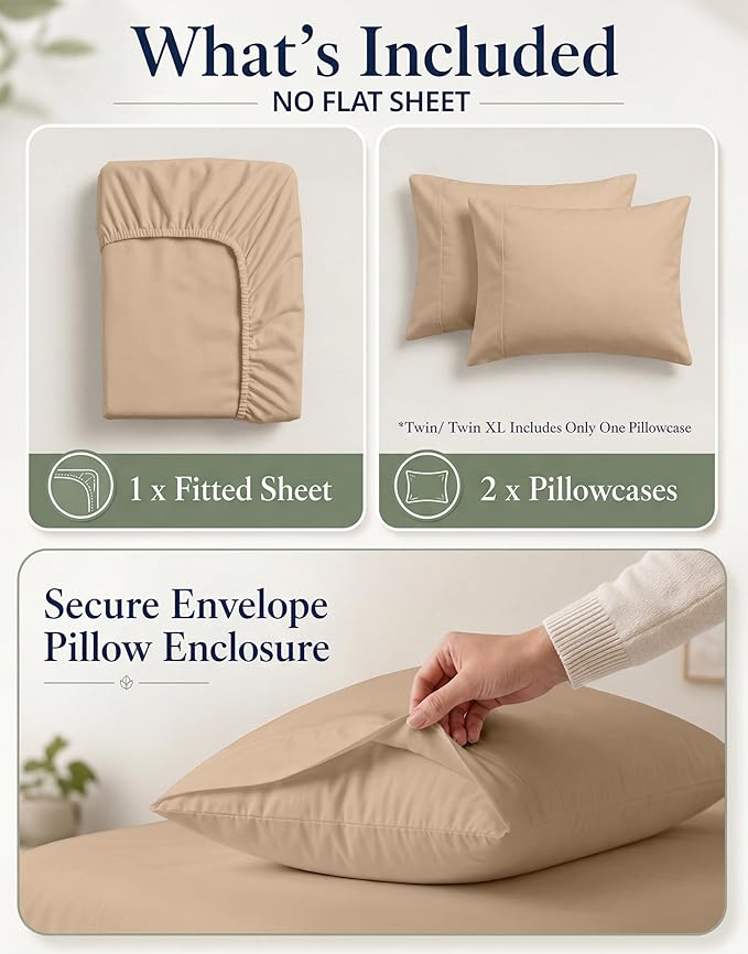 LANE LINEN 100% Organic Cotton Fitted Sheet Queen (+Pillowcases), Soft & Comfy Breathable Naturally Cooling Low Pill Oeko Tex Certified Queen Deep Pocket 15" - Taupe
