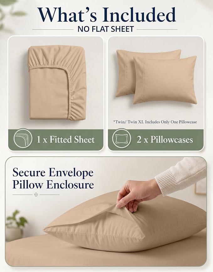 LANE LINEN Twin Fitted Sheet Set (No Flat Sheet) - 100% Organic Cotton Soft & Breathable Percale Weave Fitted Sheet Set For Added Comfort - 15'' Deep Pocket For Snug Fit - GOTS Certified - Taupe