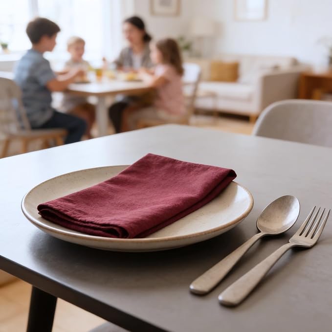 Cloth Napkins Set of 12, 100% Cotton Fabric Reusable Dinner Napkins, 18 x 18 Inch Washable Table & Kitchen Napkins for Everyday Dining, Entertaining, Home & Restaurant Use, Burgundy