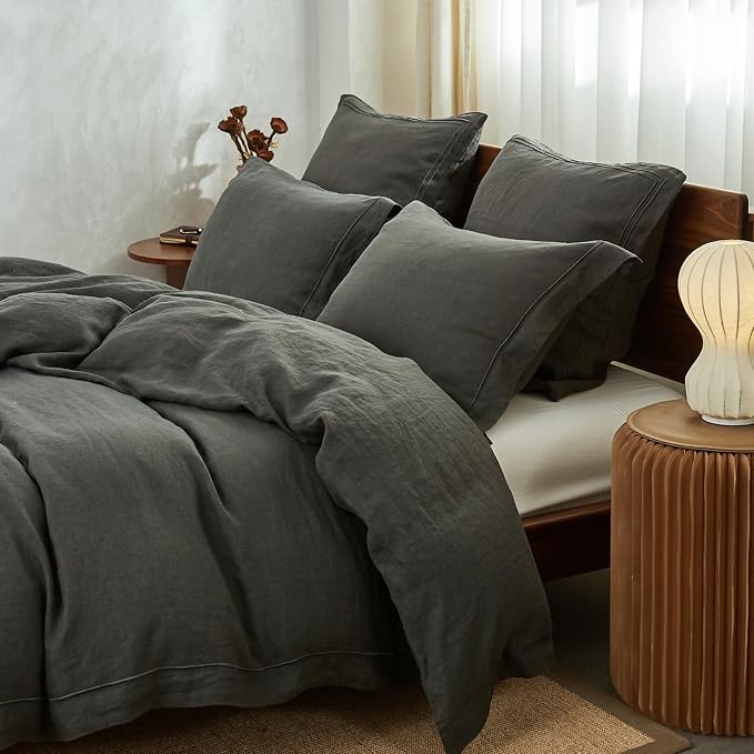 Simple&Opulence 100% Washed Linen Duvet Cover with Embroidered, 3 Pieces Soft Farmhouse Comforter Set with Button Closure,1 Duvet Cover and 2 Pillowshams(Queen,Charcoal Grey)