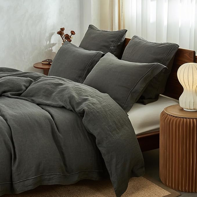 Simple&Opulence 100% Washed Linen Duvet Cover with Embroidered, 2 Pieces Soft Farmhouse Comforter Set with Button Closure,1 Duvet Cover and 1 Pillowsham(Twin,Charcoal Grey)