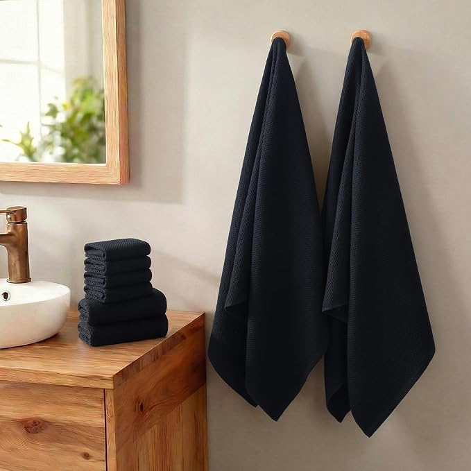 REDKISS Quick Dry Waffle Towel Set of 8, 100% Cotton,Lightweight & Highly Absorbent Waffle Towels for Bathroom, Spa, Gym, Pool-2 Bath Towels, 2 Hand Towels & 4 Washcloths,Black