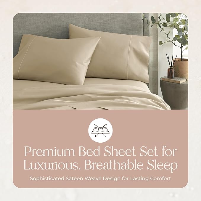 100% Organic Cotton Sheets King Size - GOTS Certified Organic Bed Sheets with Deep Pocket 300 Thread Count & Cozy Sateen Weave Gets Softer with Each Wash - Luxury 4 Piece Set (Dune, King)