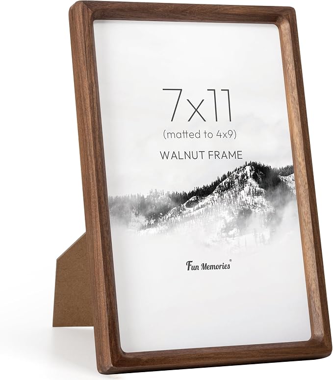 7x11 Picture Frame, USA-Sourced Walnut Wood Photo Frames with HD Tempered Glass, Handcrafted Rounded Corner 7 x 11 Wooden Frame Matted to 4x9 Photos, 7x11 Frames, Tabletop or Wall Display
