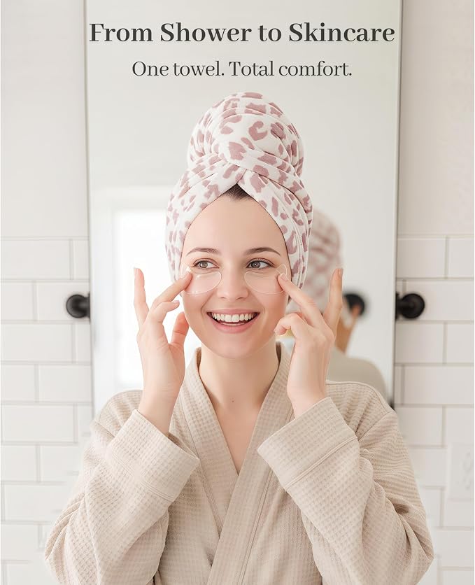 ROLSHOL Cotton Hair Towel Wrap for Women, 2 Pack 100% Cotton Hair Drying Towels for Long, Thick & Curly Hair, 32" x 11" Large Hair Turban for Wet Hair with Elastic Band (Pink Leopard Print)
