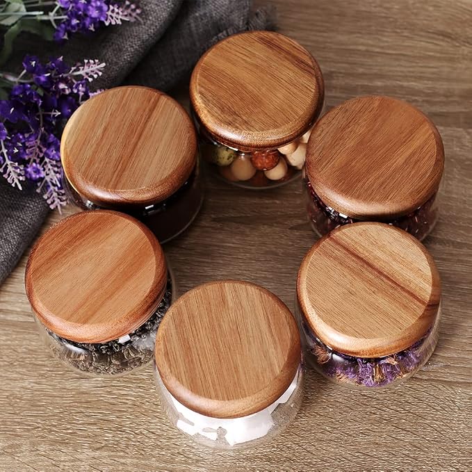 SAIOOL Kitchen Canisters Set of 6-8.5oz Glass Spice Jars With Acacia Airtight Lid and Labels Round Spice Bottles for kitchen Seasoning Baby Food Kids Snacks Meal Prep Containers Candle | Acacia Airtight Lid, Labels Included, Round Spice Bottles, Meal P...