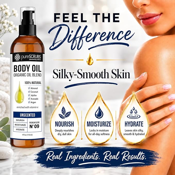 pureSCRUBS Ultra Moisturizing Unscented Body Oil for Dry Skin, 4 oz | Fragrance Free, After Shower Body Oil for Buttery Soft Glowing Skin, Non-Greasy Vitamin E Blend for Bath, Massage & Cuticles