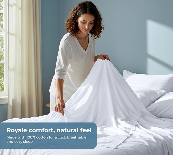 ROYALE LINENS 100% Organic Cotton Twin XL Sheet Set - Percale Weave - 3 Pieces Set - 1 Flat, 1 Deep Pocket Fitted Sheet and 1 Pillowcases - White Bed Sheets - Sábanas Twin XL - Crisp Cool (White)