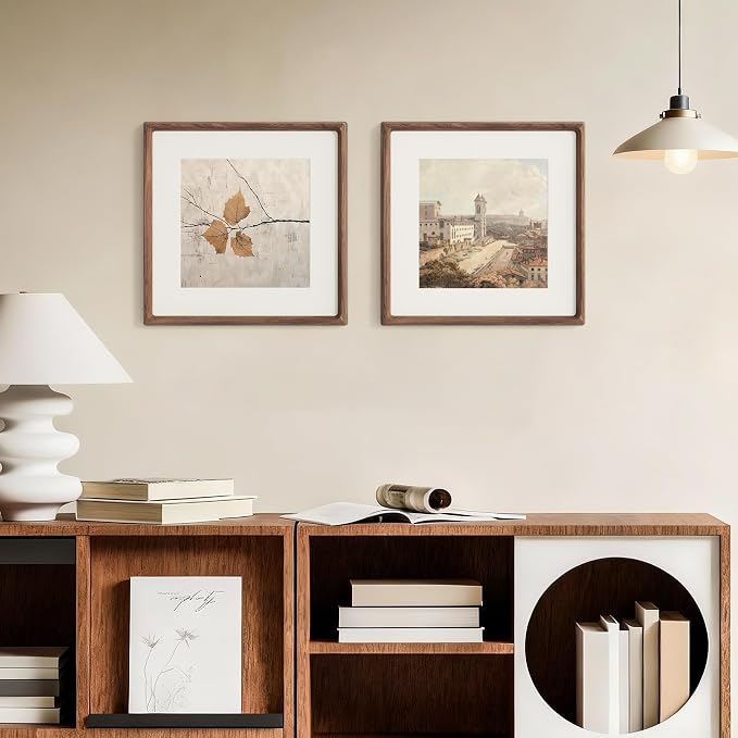 12x12 Frame, USA-Sourced Walnut Wood Photo Frames with HD Tempered Glass, Handcrafted Rounded Corner Square Wooden Frames Matted to 8x8 Photos, 12x12 Picture Frame, Tabletop or Wall Display
