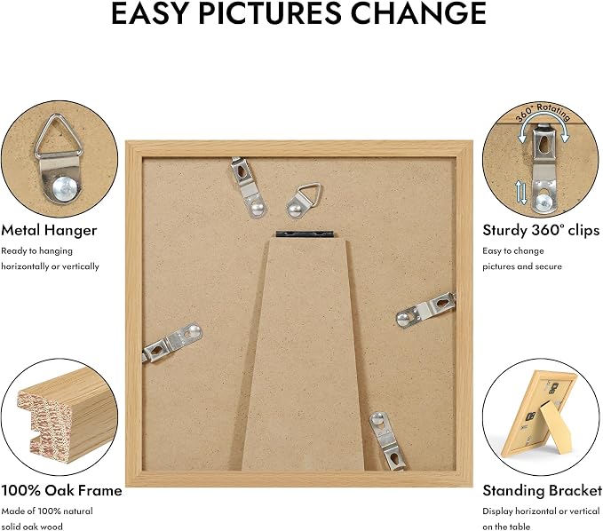 Hongkee 8x8 Oak Wood Picture Frame 1 Pack(Matted 6x6) with Real Glass Cover | Natural, 8 x 8 Solid Wood Frame for Wall or Tabletop Display - Includes Easel Back, Vertical Hang - Ideal for Home, Office