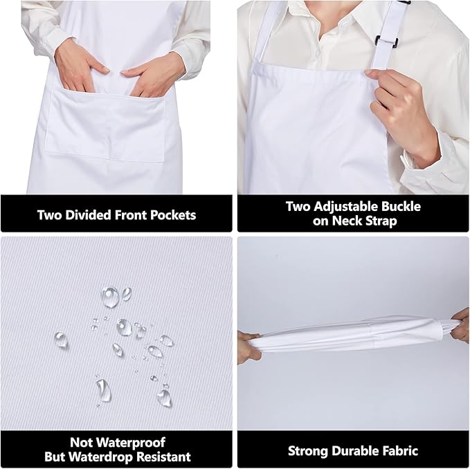 Jubatus 1 Pack 100% Cotton Aprons with 2 Pockets Cooking Chef Kitchen Adjustable Bib Apron for Women Men, White