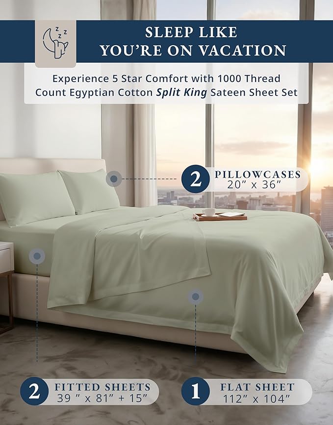 LANE LINEN 100% Egyptian Cotton Split King Bed Sheets for Adjustable Bed - 1000 Thread Count, Eco Friendly Sustainably Produced No Pill Fade Resistant 15" Deep Pocket Split King Sheet Set - Mineral