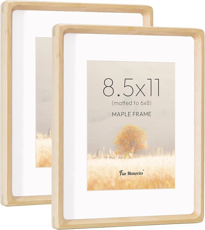 8.5 by 11 Picture Frame, USA-Sourced Maple Wood Photo Frame with HD Tempered Glass, Handcrafted Rounded Corner 8.5x11 Wooden Picture Frames Matted to 6x8 Photos, Tabletop or Wall Display, 2 Pack