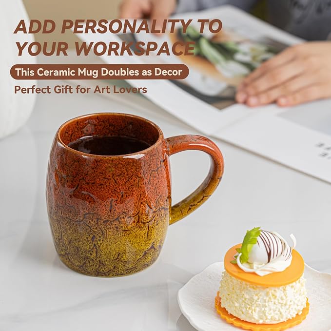 Handmade 22oz Ceramic Coffee Mug, Ergonomic Large Handle, Ideal Gift for Coffee Lovers, Microwave & Dishwasher Safe (Bas-Relief - Orange&Yellow)