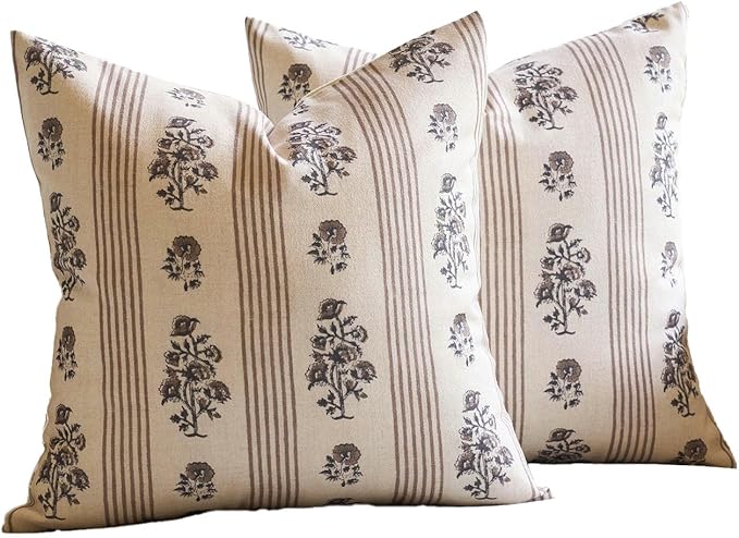 Amor Virisso Floral Throw Pillow Covers 22x22 Set of 2 Block Print Pillow Covers Neutral Floral Striped Farmhouse Decorative Pillow Covers for Sofa Couch Bed, Brown