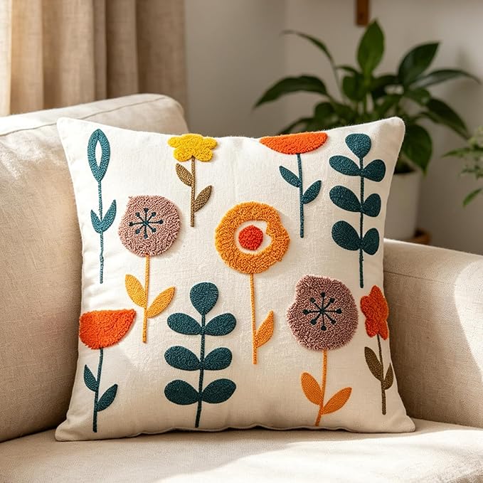 Embroidered Throw Pillow Cover 18x18 Inch,Cotton Canvas Floral Pillow Case, Daisy Wildflower Leaf Boho Farmhouse Decorative Cushion Square for Sofa Bedroom Living Room Outdoor Couch Farmhouse (A003)