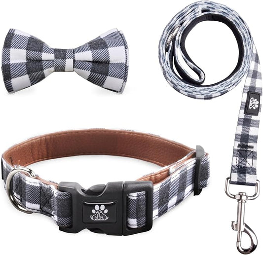IVY&LANE Dog Collar with Bowtie and Leash Set | Plaid Adjustable Dog Collar | Detachable Bow Tie |5 FT Dog Leash | for Small Medium Large Dogs | Checkered Black | Large