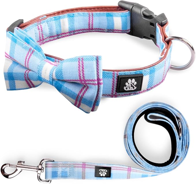 IVY&LANE Dog Collar with Bowtie and Leash Set | Plaid Adjustable Dog Collar | Detachable Bow Tie |5 FT Dog Leash | for Small Medium Large Dogs | Checkered Blue | Medium