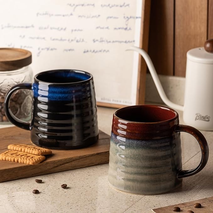 15.5 Oz Large Reactive Glaze Ceramic Mug, Heavy Weighted Stoneware Coffee Cup, Wide Base, Thick Wall Big Tea Cup with Custom Package Box, Microwave & Dishwasher Safe (Blue-Black)