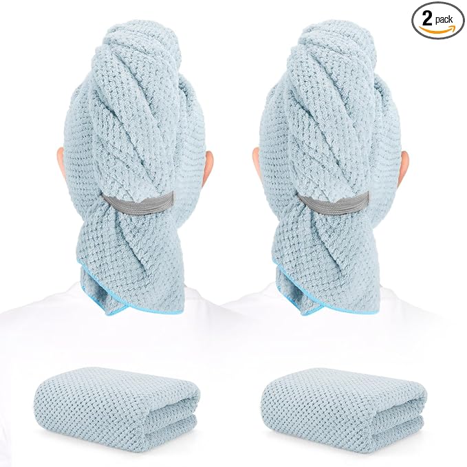 2 Pack Microfiber Hair Towel - 41 x 24 inches Super Soft, Absorbent, Fast Drying Without Frizz Hair Towel Wrap for Women Long, Thick, Curly Hair - Hair Turbans with Elastic Strap
