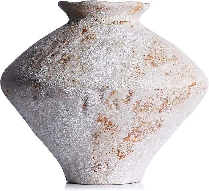 Wabi Sabi Rusty Vintage Vase, 11.4" Tall Wabi Sabi Decor Rustic Farmhouse Pottery Vase for Centerpiece, Textured Pottery Flower Vases for Home Decorative, Table, Living Room (White, Large)