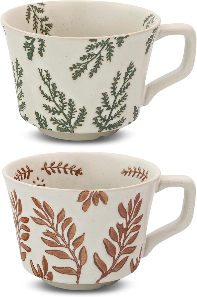 Ceramic Coffee Mug, 11 oz Small Novelty Unique Teacup with Handle, Stoneware Cup for Tea Mocha Latte Cappuccino (Set of 2, Ivy and Leaf)