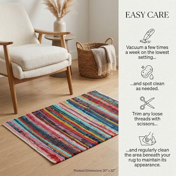 WeWove Hand Woven Chindi Rug Cotton - Boho Rustic Farmhouse Area Accent Throw Rug - Area Floor Carpet for Bedroom Living Room Kitchen Dorm Entryway Hallway - 20x32 inch Area Rug Multicolor