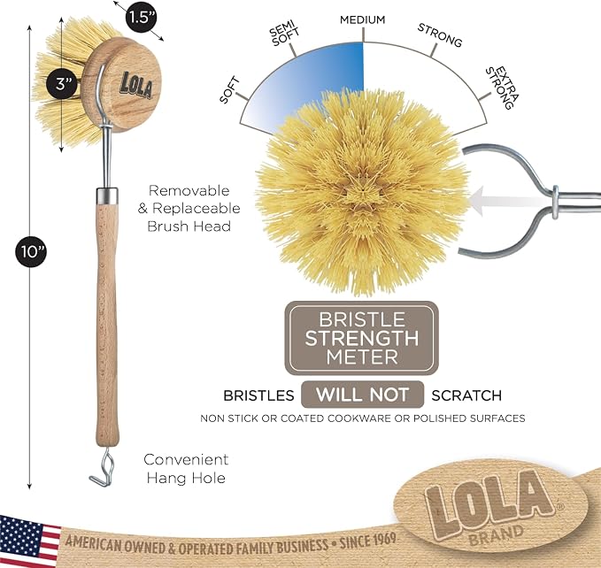 LOLA Dishwashing & Vegetable Brush The Original, 3" Head, Sustainable Wood Handle w/Tampico Fiber Bristles, Safe for Non-Stick Pans, Dishes, Cast Iron Skillet - Easy Head Only Replacement, 1 Pk