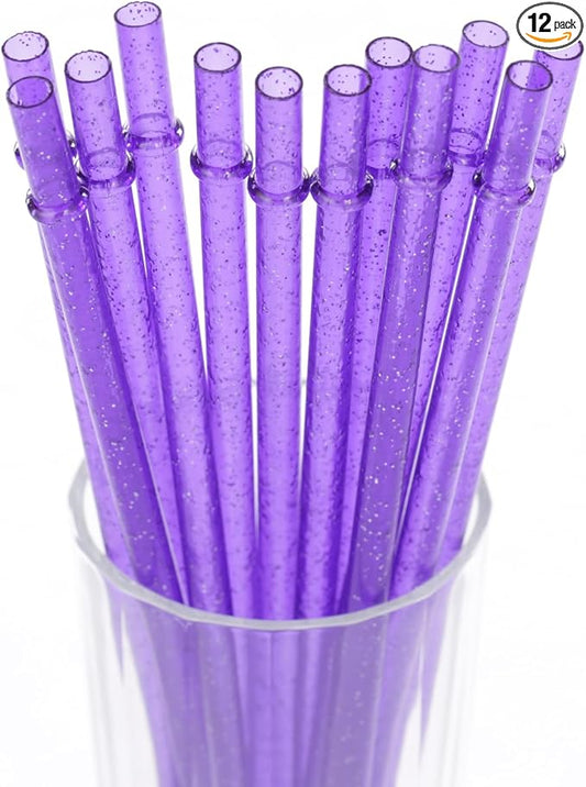 Dakoufish BPA-Free 12 Piece 11 Inch Reusable Clear Plastic Glitter Sparkle Drinking Straw Plus one Cleaning Brush (Purple,11inch)