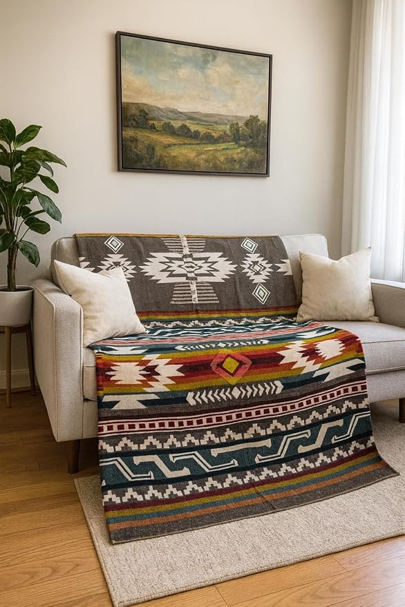 Alpaca Wool Blanket, King Size 100 x 83, Reversible 2 in 1, Thick and Ultra Soft, Hypoallergenic, Non-Itchy, Handmade in Ecuador. Premium Alpaca Wool Thtow Blanket for Cozy Comfort. (Aztec Brow)