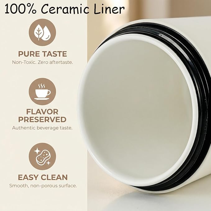 16oz Ceramic Travel Mug with Lid- 100% Real Ceramic Liner (No Coating), Heat-Resistant Outer Wall, Leak-Proof Lid with Detachable Strap, Fits Car Cup Holder