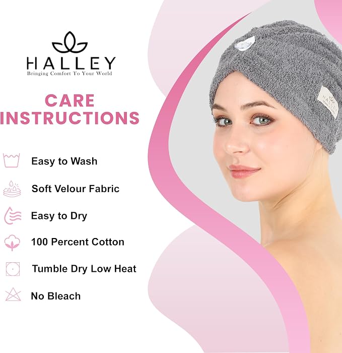 HALLEY Cotton Hair Towel Wrap (3 Packs) Super Absorbent Fast Drying Turbans for Wet Thick Hair with Button (Grey)