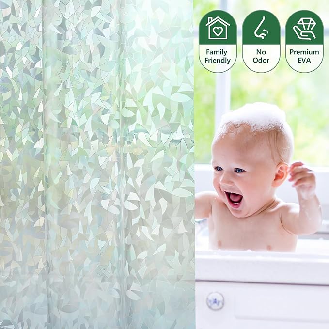 AooHome 84 Inch Long Shower Curtain Liner - EVA 3D Decals Stained Glass Pattern Design Bathroom Shower Curtain with Hooks, 5 Bottom Magnets, Heavy Duty, Water Repellent, Semi Transparent, 72x84 Inch