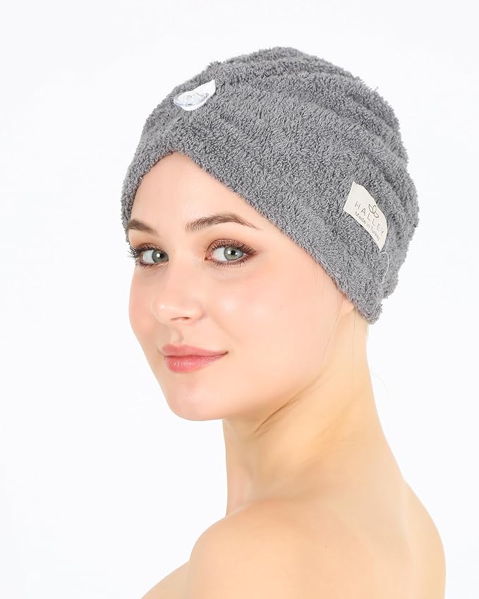 HALLEY Cotton Hair Towel Wrap (3 Packs) Super Absorbent Fast Drying Turbans for Thick, Wet Hair with Button (Black, White, Grey)