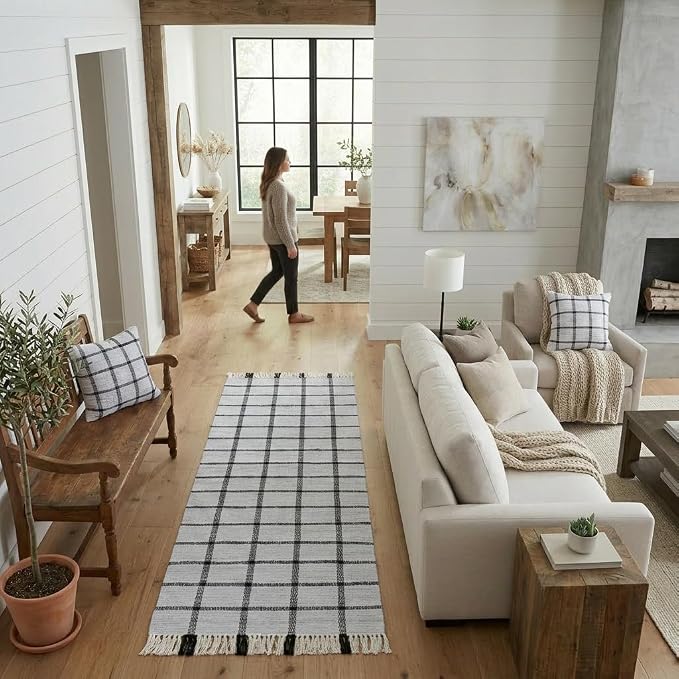 PEARL+CREEK Flenn Checkered Rug Runner Handwoven Cotton Washable 2x8ft, 1PC