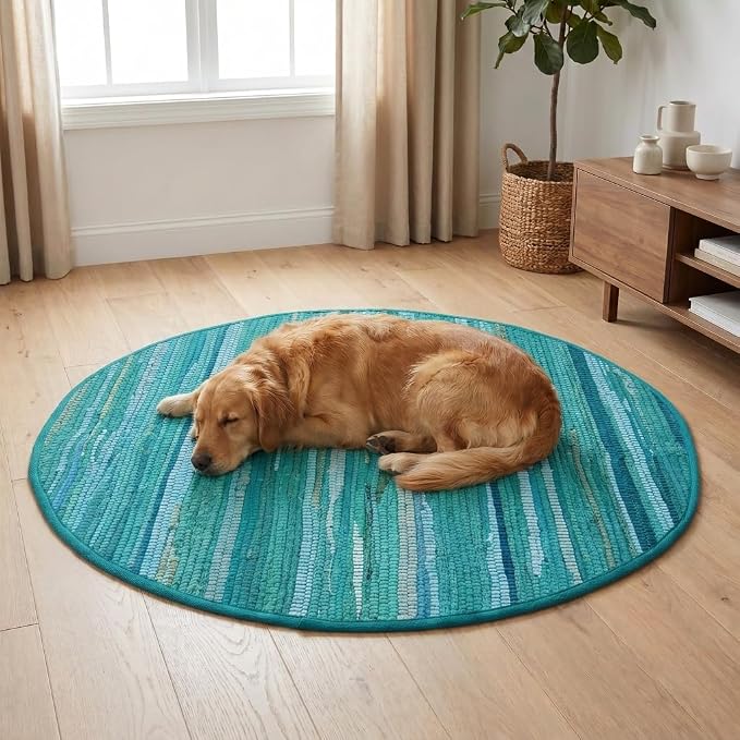 Cotton Hand Woven Chindi Area Rug 4 Feet Round - Teal, Reversible Circle Green Dinning Space Floor Rugs Ideal for Bedroom, Living Room, Kitchen | Large Farmhouse Recycled Patio Mats for Balcony Décor