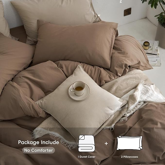 MooMee Oversized Queen Duvet Cover Set, 100% Washed Cotton Linen Like Twill Thick Sturdy Material Super Soft Breathable Durable Bedding for All Season, 3 Pieces (Bombay Brown, Oversized Queen 98"x98")
