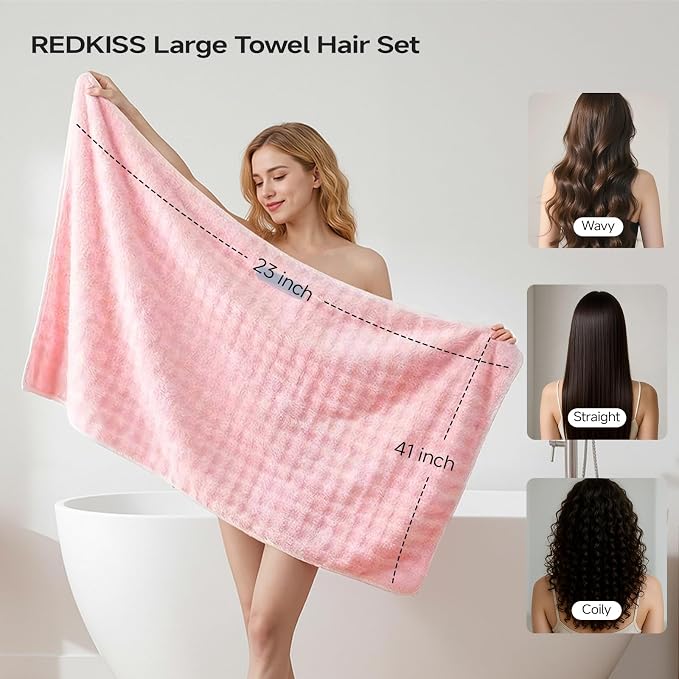 REDKISS 3 Pack Microfiber Hair Towels for Women, Hair Towel Wrap for Long Curly Thick Hair, Quick Dry 280 GSM Hair Drying Towel Wrap with Secure Strap, Soft Anti-Static Microfiber Towels