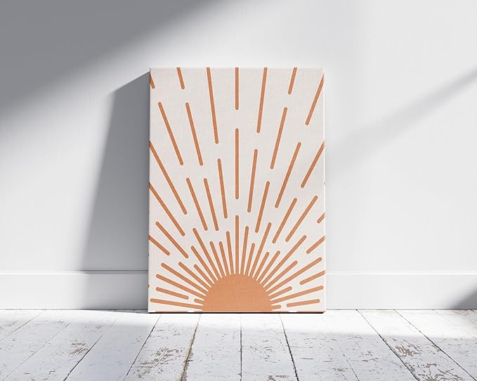 Minimalist Sunburst Wrapped Canvas Wall Art Abstract Geometric Arch Earth Tones Terracotta Mid Century Modern 16x20 Inch Gallery Stretched Modern Home Art Decor
